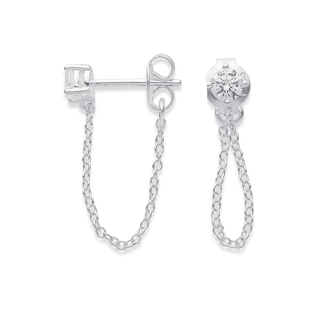 Silver Chain Loop Sterling Silver Cubic Zirconia Chain Loop Earrings in White | Pascoes