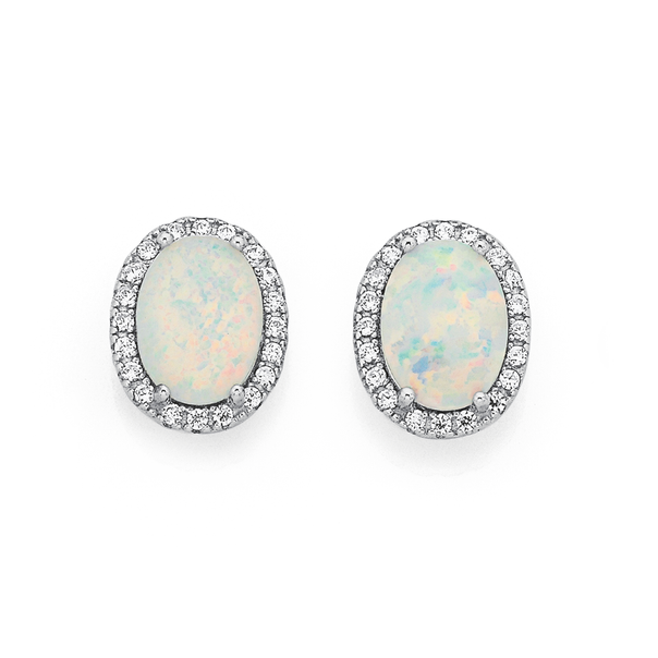 Sterling Silver Cubic Zirconia & Created Opal Studs
