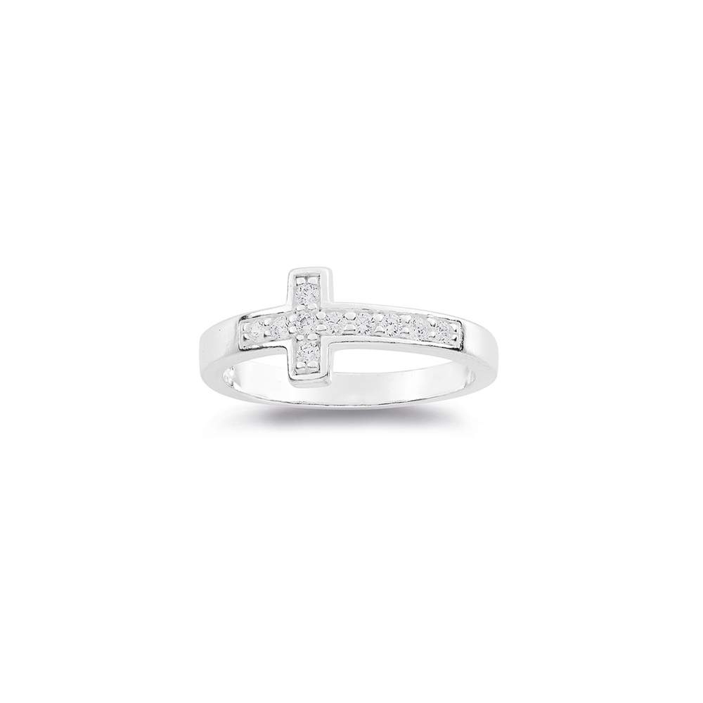 Sterling Silver Cubic Zirconia Cross Ring Size R in Clear | Pascoes