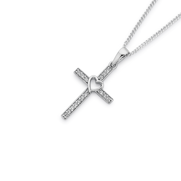 Sterling Silver Womens Cubic-Zirconia Heart Cross Religious Charm