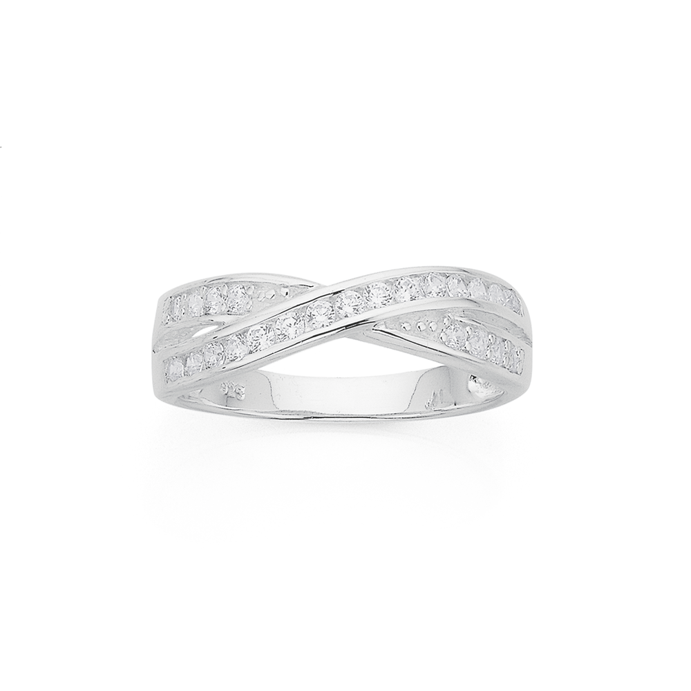 Sterling Silver Cubic Zirconia Crossover Ring in White Pascoes