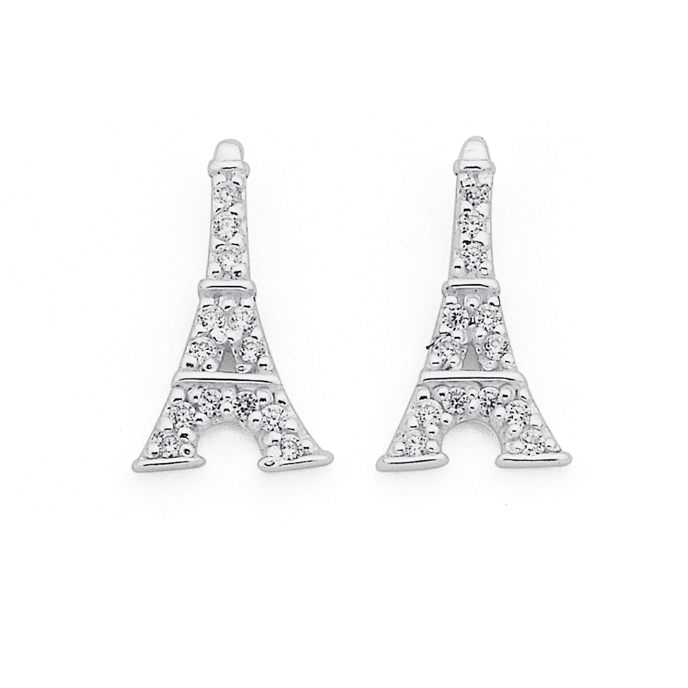 Sterling Silver Cubic Zirconia Eiffel Tower Studs in White Pascoes