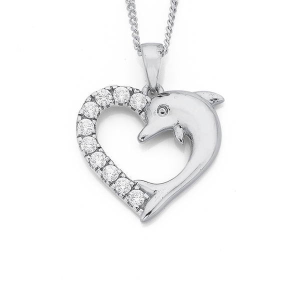 Sterling Silver Cubic Zirconia Heart Dolphin Pendant