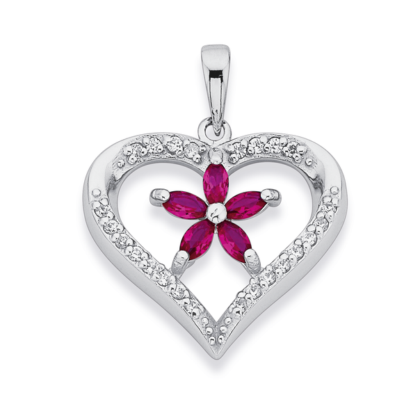 Sterling Silver Cubic Zirconia Heart with Flower Pendant