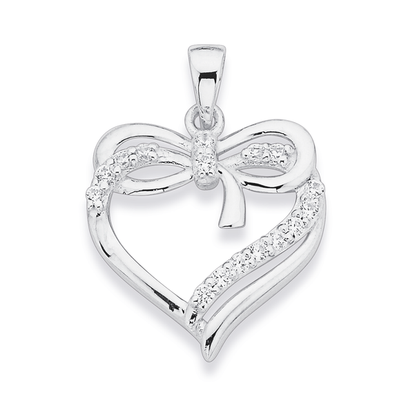 Sterling Silver Cubic Zirconia Heart with Ribbon Pendant
