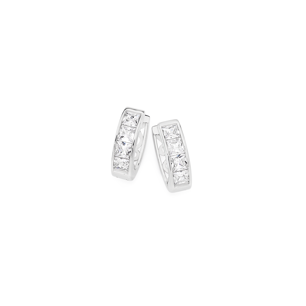 Sterling Silver Cubic Zirconia Huggie Earrings in White Pascoes