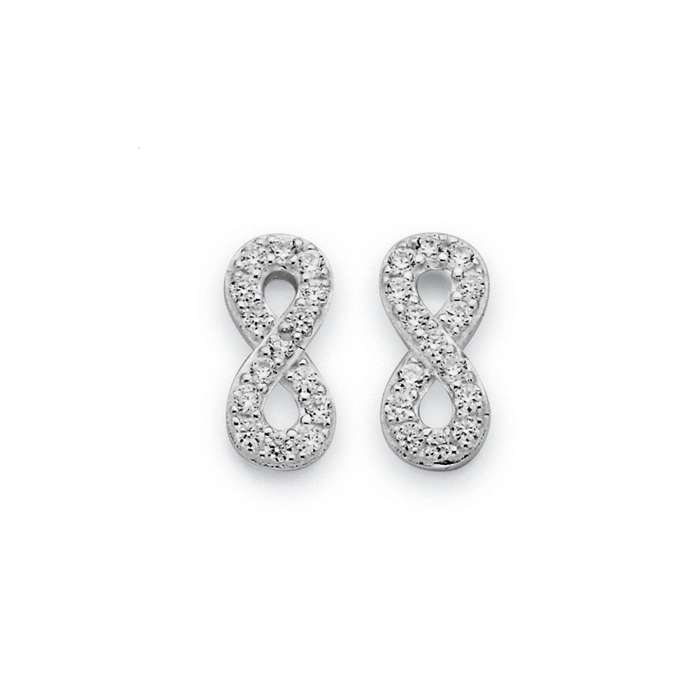 Infinity sign fantasy earrings in rhodium silver and zirconia