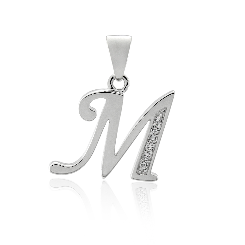 Sterling Silver Cubic Zirconia Initial M Letter Pendant in White