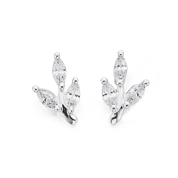 Sterling Silver Cubic Zirconia Leaf Studs