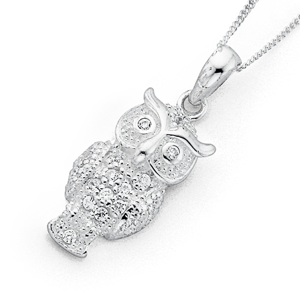 Sterling Silver Cubic Zirconia Owl Pendant