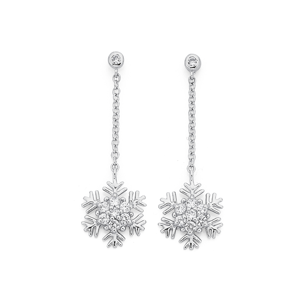 Sterling Silver Cubic Zirconia Snowflake Chain Drop Earrings