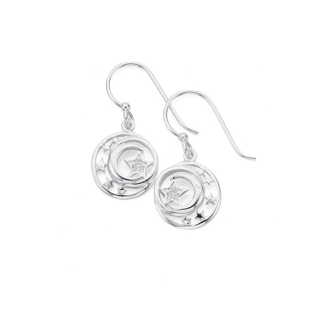 Silver star and moon earrings hot sale