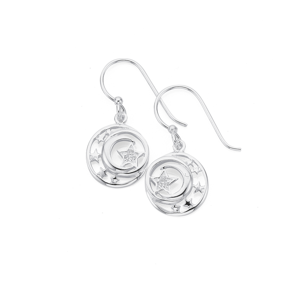 Sterling Silver Cubic Zirconia Star & Moon Earrings