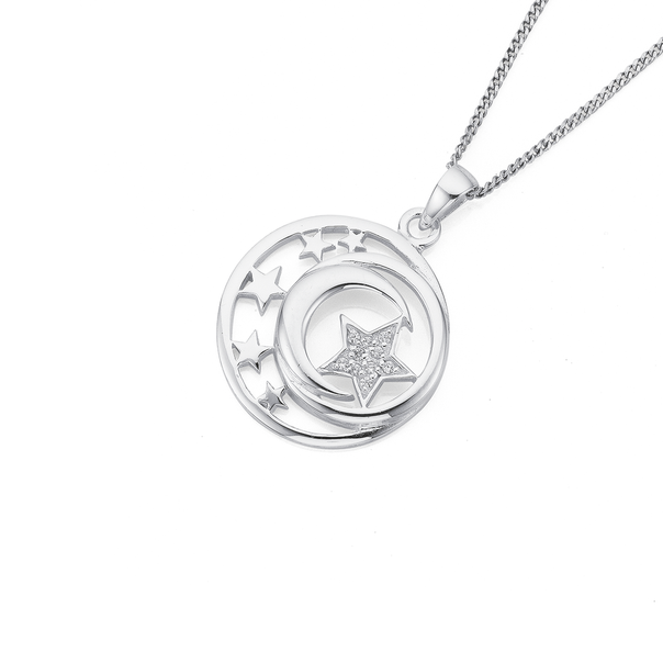 Sterling Silver Cubic Zirconia Star & Moon Pendant