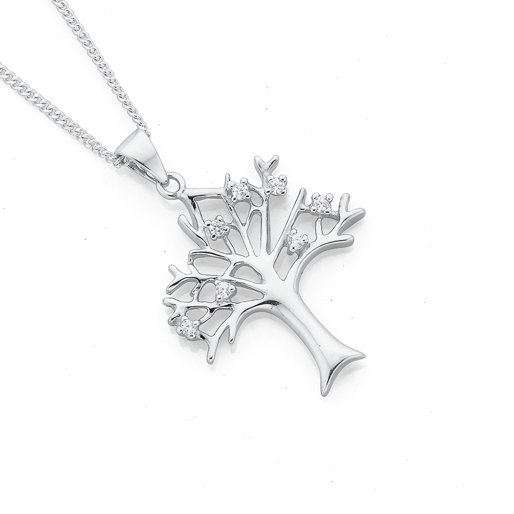 Sterling Silver Cubic Zirconia Tree Of Life Pendant in White Pascoes