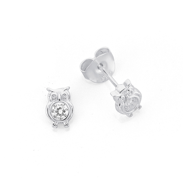 Sterling Silver CZ Small Owl Stud Earrings
