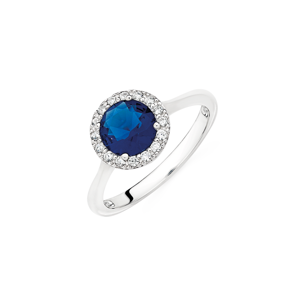Sterling Silver Dark Blue Glass Cubic Zirconia Cluster Ring in Blue Pascoes