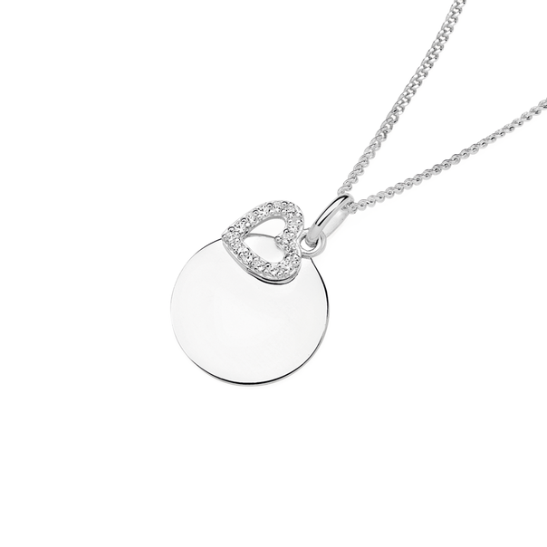 Sterling Silver Disc with Cubic Zirconia Heart Pendant 16mm