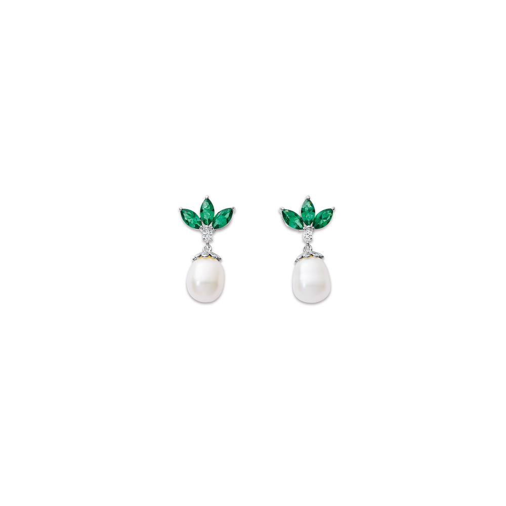 Sterling Silver Drop Freshwater Pearl Earrings With Green Cubic