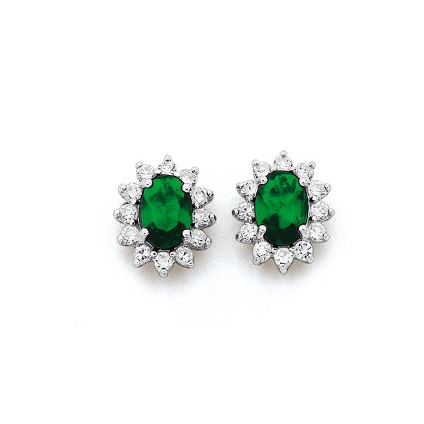 Sterling Silver Emerald Cubic Zirconia & Cubic Zirconia Cluster Studs