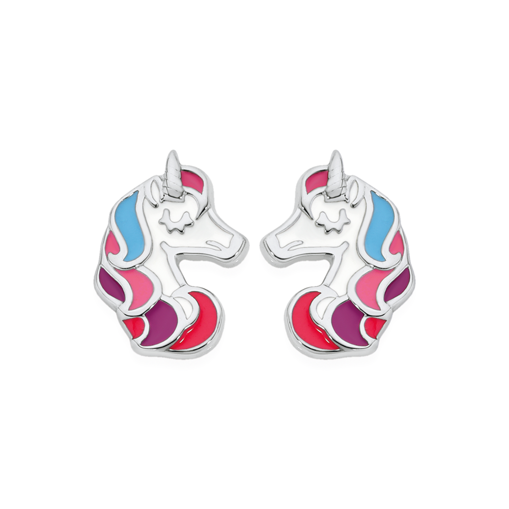 Sterling Silver Enamel Multi-colour Unicorn Head in Pink Pascoes