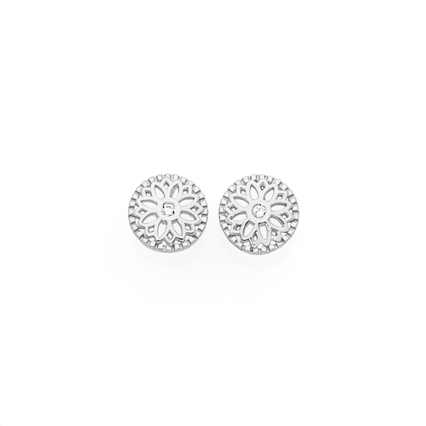 Sterling Silver Flower Circle Stud Earrings w/ CZ