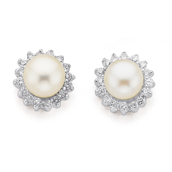 Sterling Silver Freshwater Pearl & Cubic Zirconia Cluster Studs