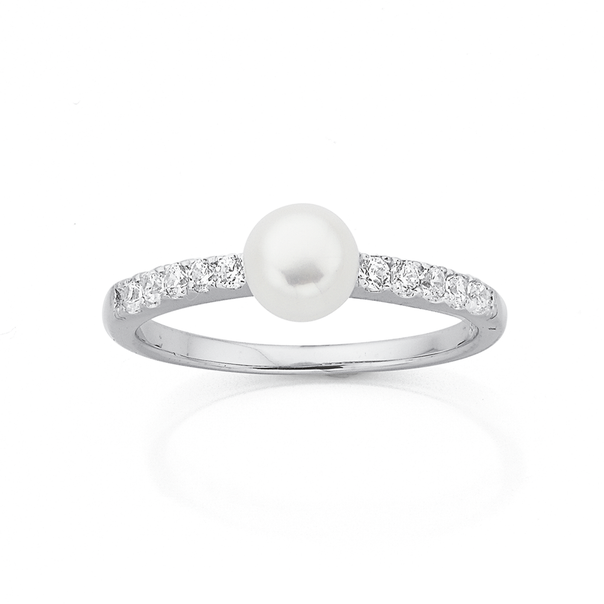 Sterling Silver Freshwater Pearl & Cubic Zirconia Ring