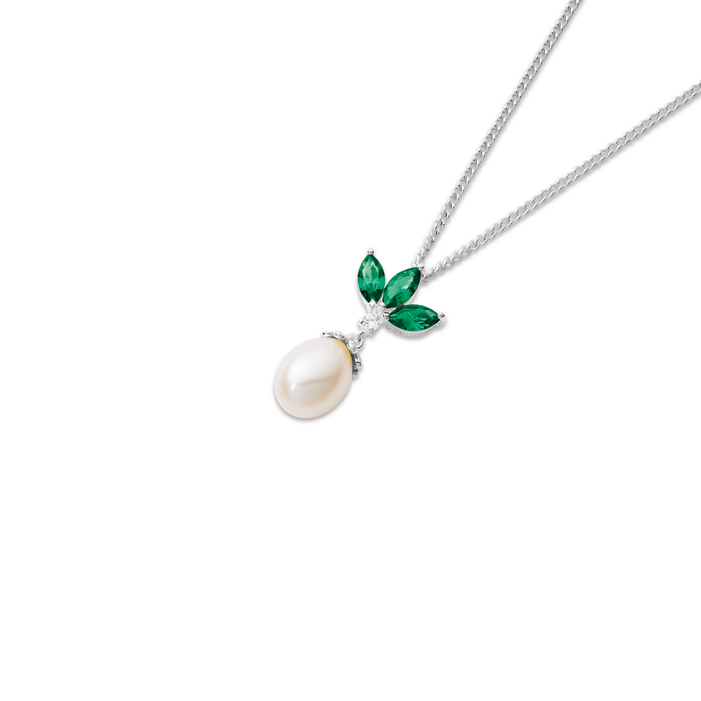 Sterling Silver Freshwater Pearl Drop Pendant With Green Cubic Zirconia in White Pascoes