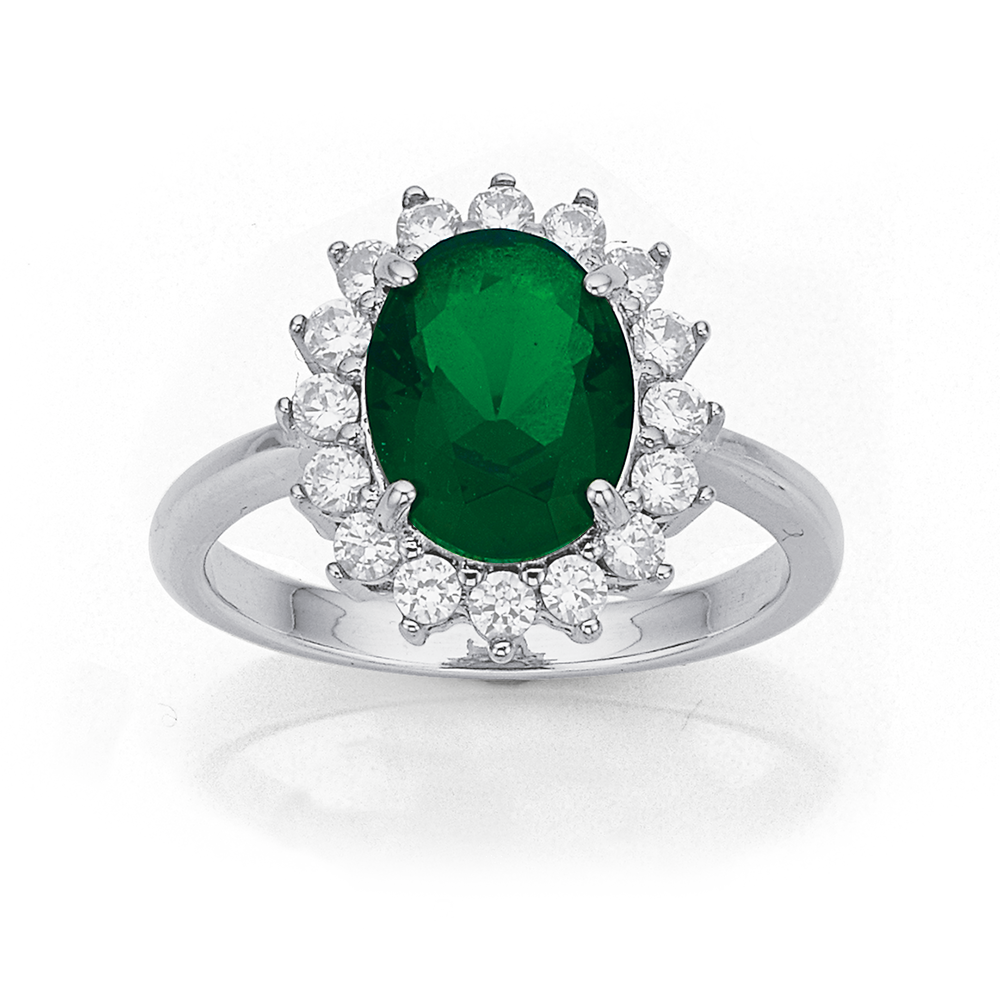 Sterling Silver Green Glass Cubic Zirconia Cluster Ring in Green Pascoes