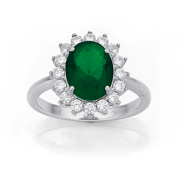 Sterling Silver Green Glass & Cubic Zirconia Cluster Ring