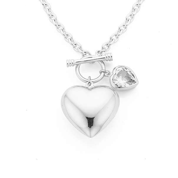 Sterling Silver Heart & Heart Cubic Zirconia FOB Bracelet