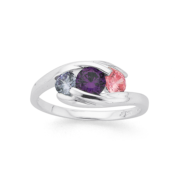 Sterling Silver Multi Colour Cubic Zirconia Trilogy Wave Ring