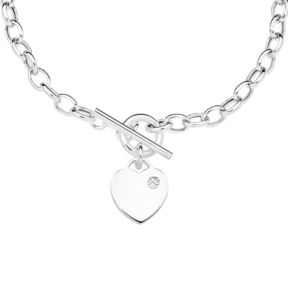 Sterling Silver Oval Belcher With Cubic Zirconia Heart Fob Necklet