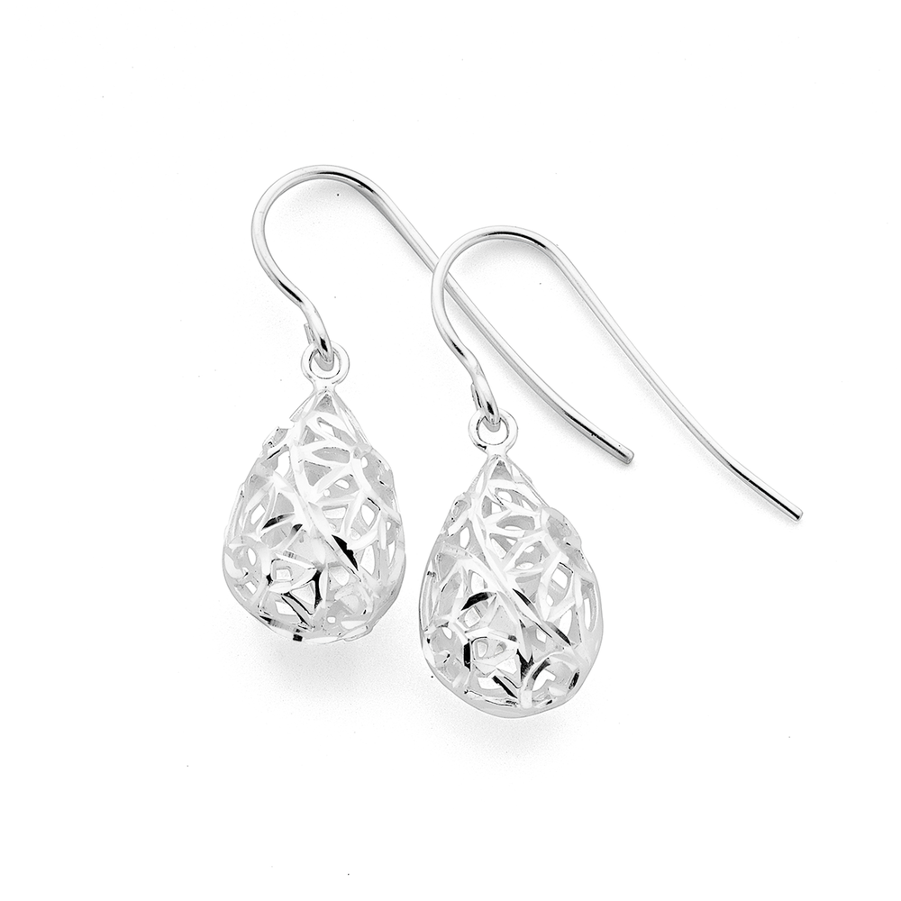 Sterling Silver Pear Filigree Drop Hook Earrings