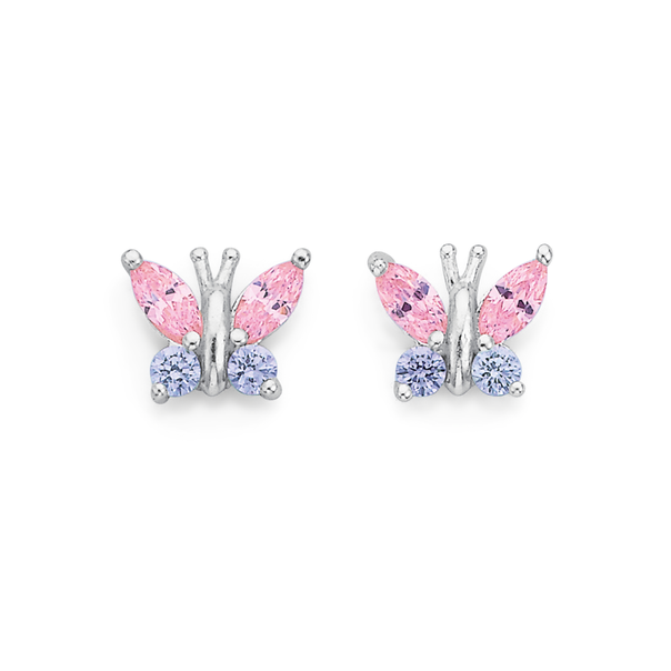 Sterling Silver Pink and Purple Cubic Zirconia Butterfly Studs