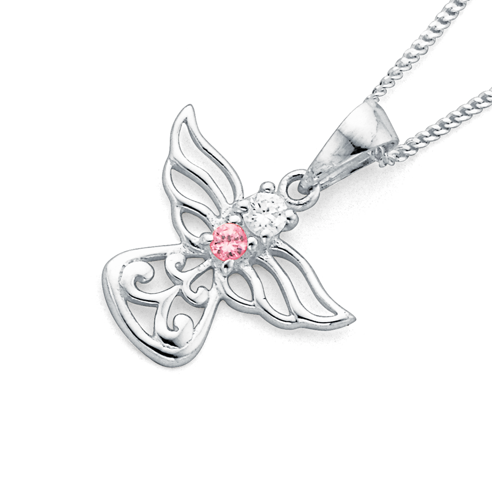Sterling Silver Pink Cubic Zirconia Angel Pendant in Pink Pascoes