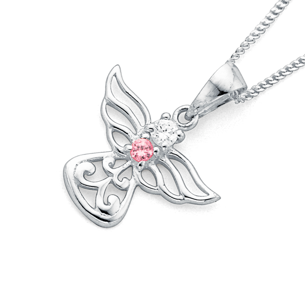 Sterling Silver Pink Cubic Zirconia Angel Pendant