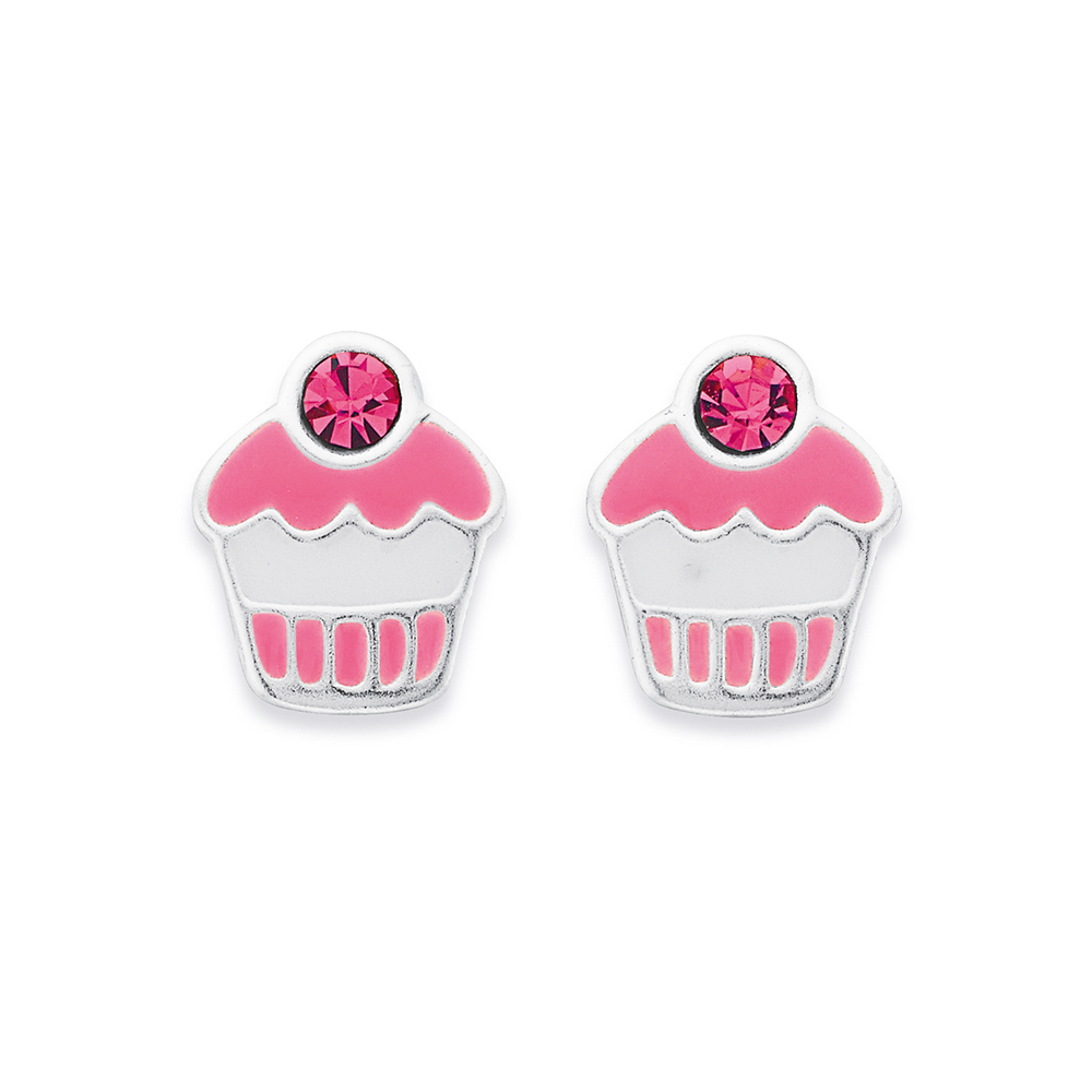 Sterling Silver Pink Enamel & Crystal Cupcake Studs in Pink | Pascoes