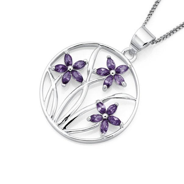 Sterling Silver Purple Cubic Zirconia Flower Pendant