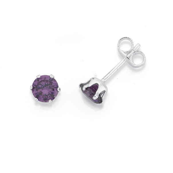 Sterling Silver Purple CZ Round 6-Claw Stud Earrings