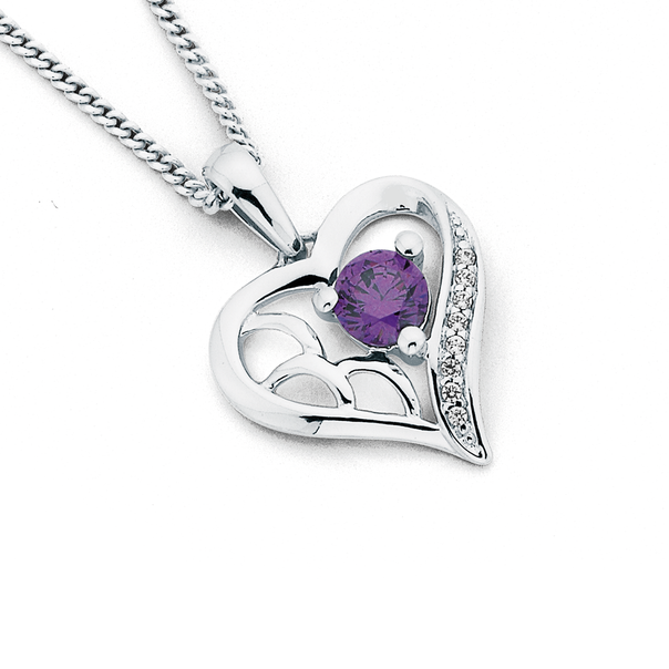 Sterling Silver Purple & White Cubic Zirconia Heart Pendant