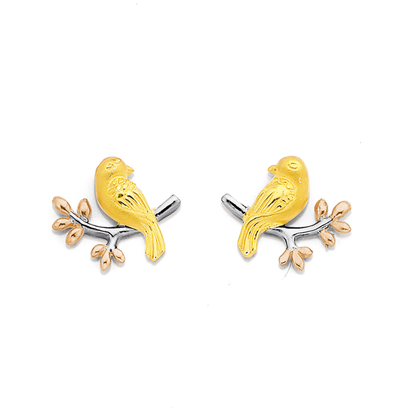 Sterling Silver Rose & Gold Plated Bird On Branch Studs