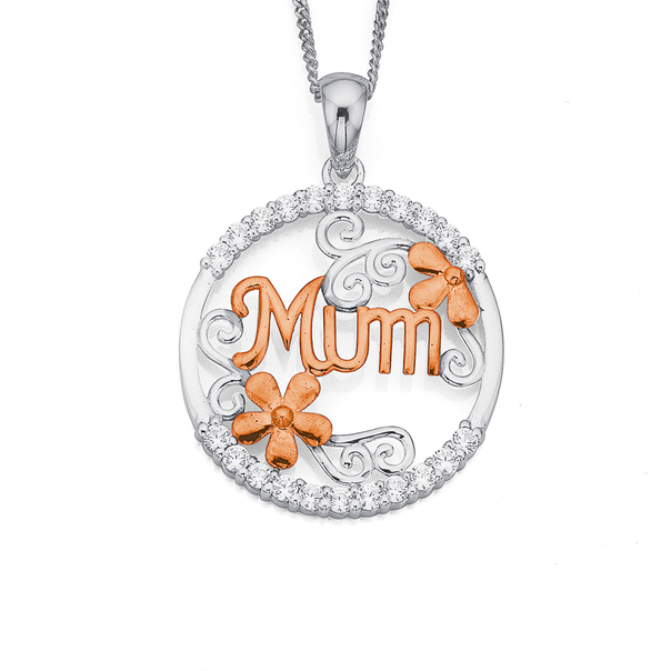 Sterling Silver & Rose Gold Plated Cubic Zirconia Mum Pendant
