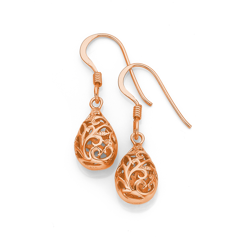 Sterling Silver Rose Gold Plated Filigree Pear Earrings Pascoes