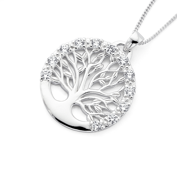 Sterling Silver Round Cubic Zirconia Tree of Life Pendant