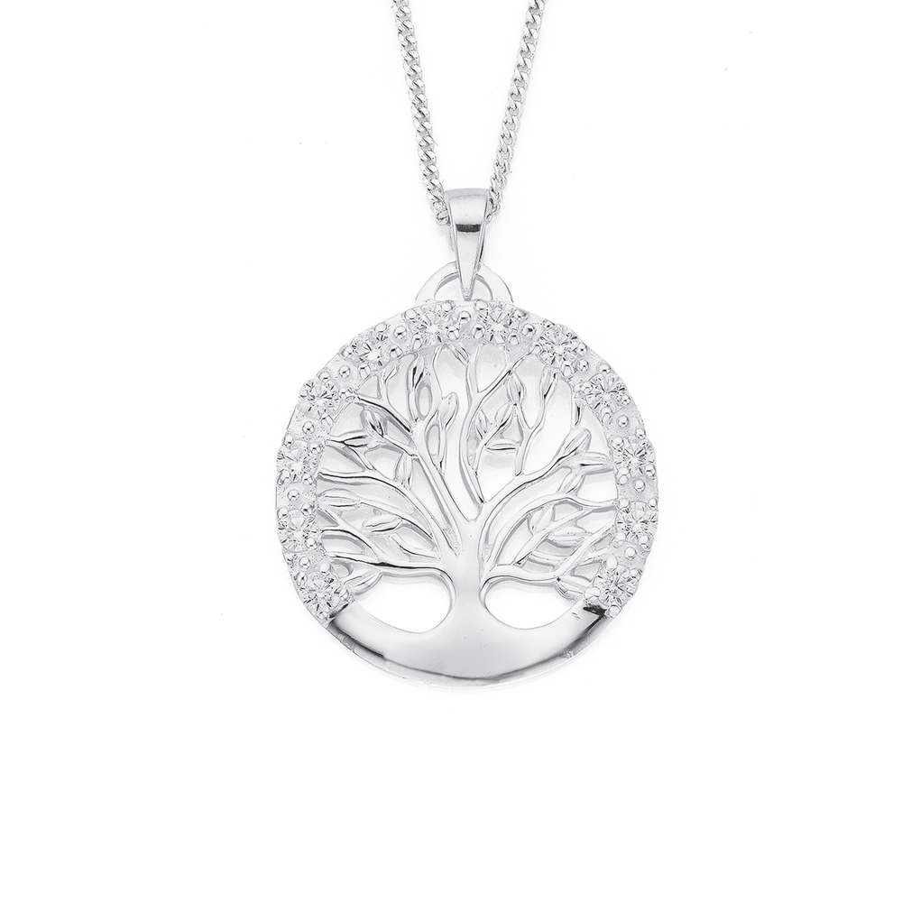 Sterling Silver Round Cubic Zirconia Tree Of Life Pendant in White Pascoes