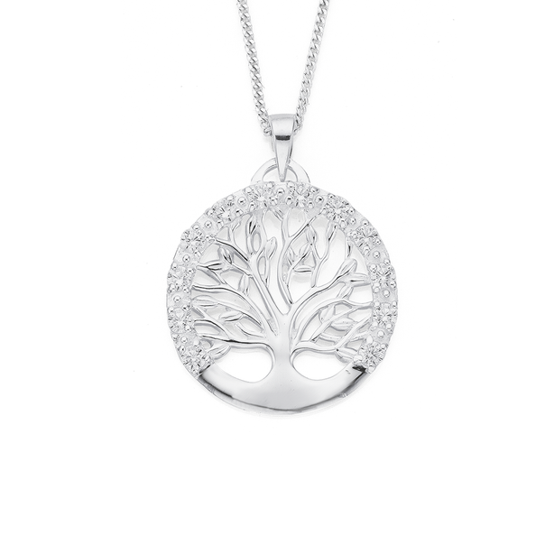 Sterling Silver Round Cubic Zirconia Tree of Life Pendant
