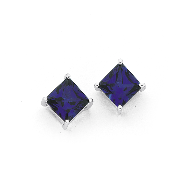Sterling Silver Square Synthetic Sapphire Studs